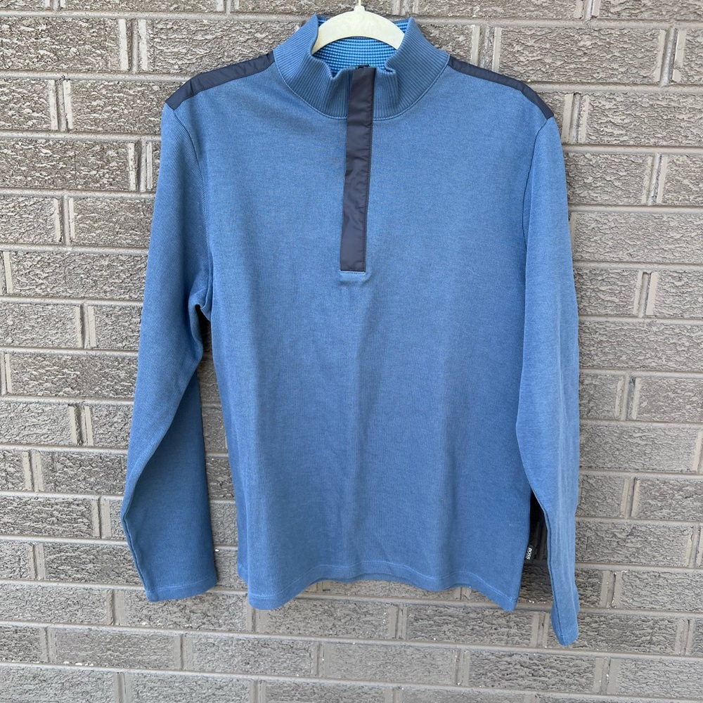 Boss Light Blue Quarter-Zip Sweater with Navy trim Sz L NWT